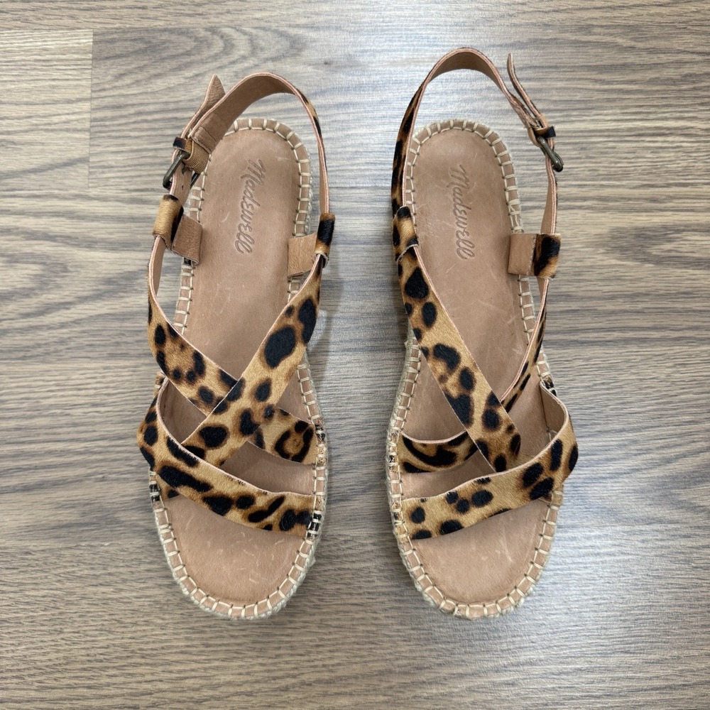 Madewell Sandals Womens 9 Brown Leather Espadrille Leopard Print Ankle Strap - Picture 3 of 13